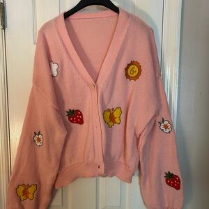 Pink Cardigan with Embroidered Patches